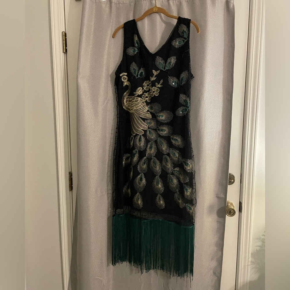 Teal peacock flapper dress XL (14)
